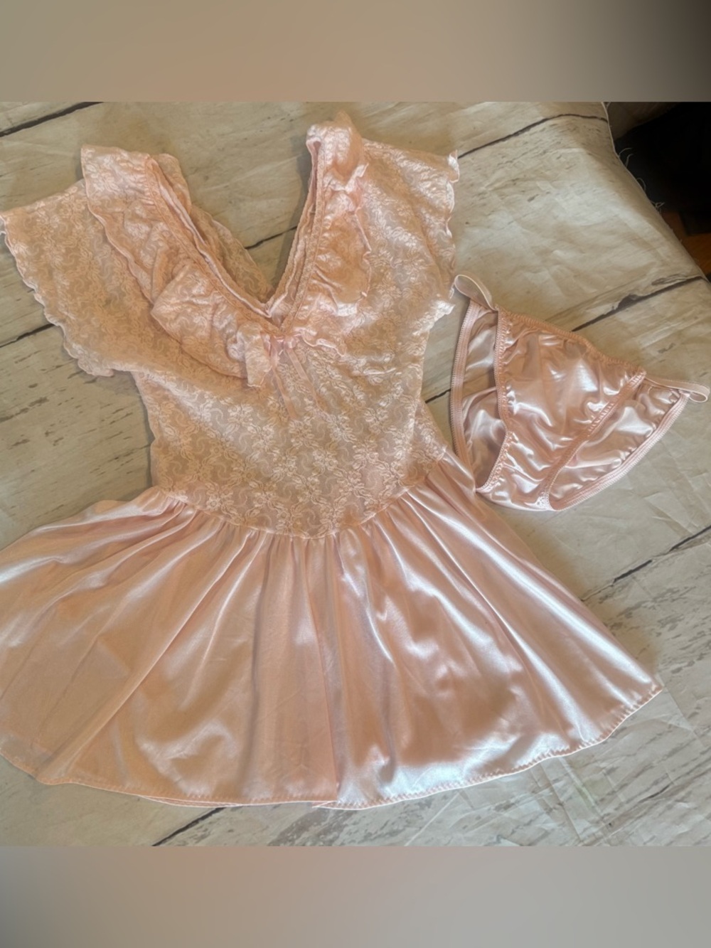 Cinema Etoile Womens Vintage Bridal Babydoll 2 Piece Pink Lace Satin Lingerie